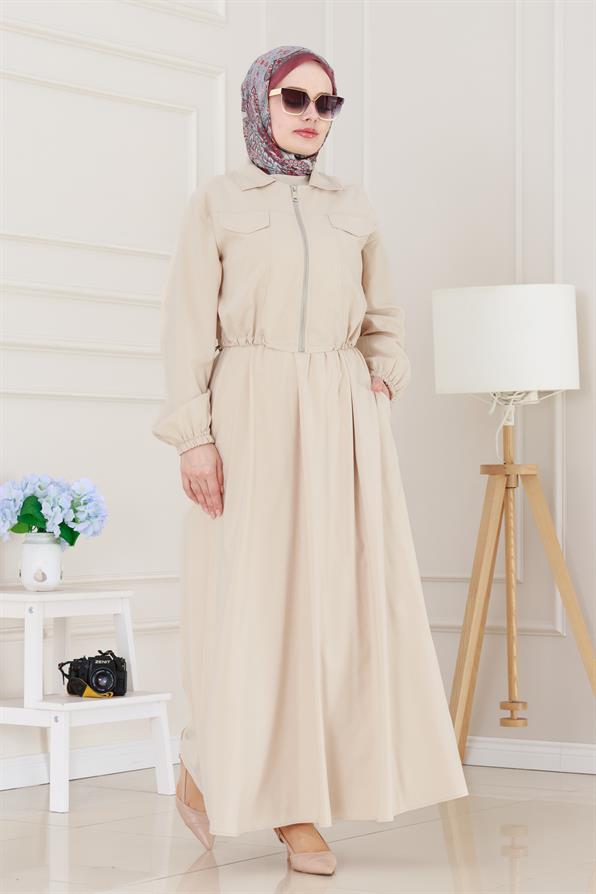 Fermuarlı Cepkenli Jile Elbise-Bej