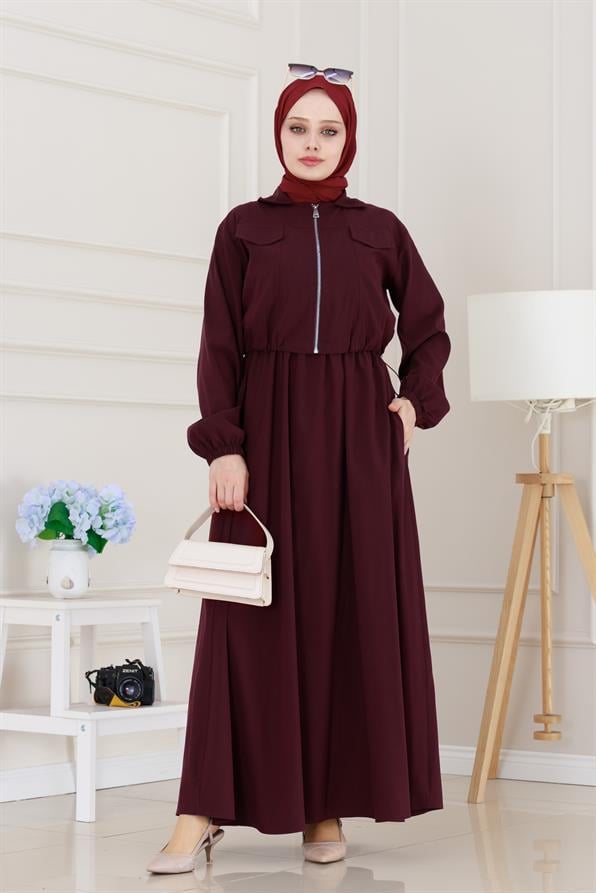 Fermuarlı Cepkenli Jile Elbise-Bordo