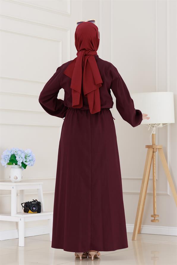 Fermuarlı Cepkenli Jile Elbise-Bordo