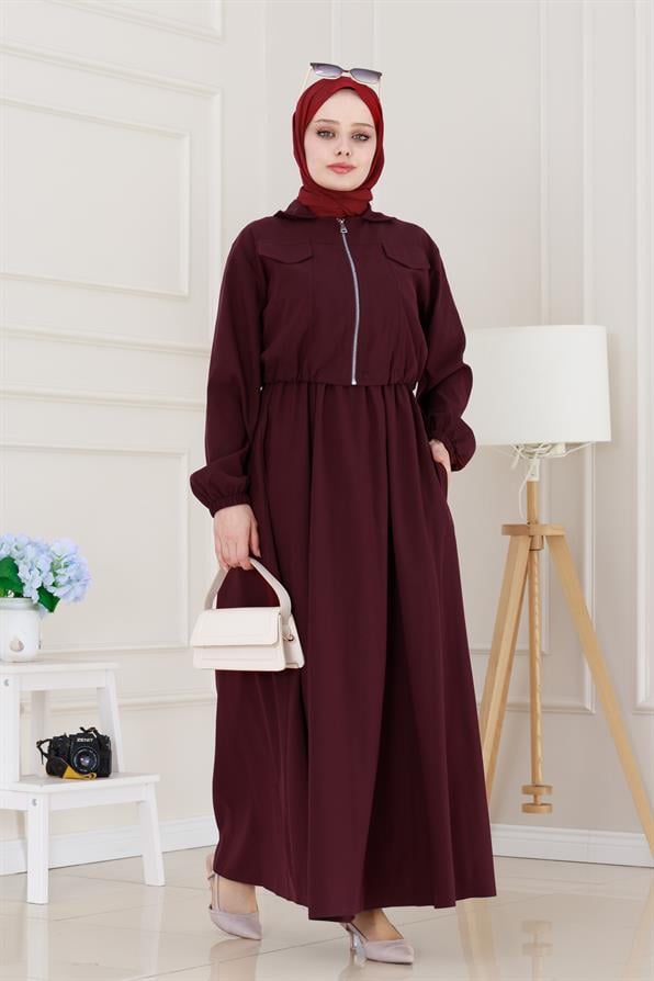 Fermuarlı Cepkenli Jile Elbise-Bordo