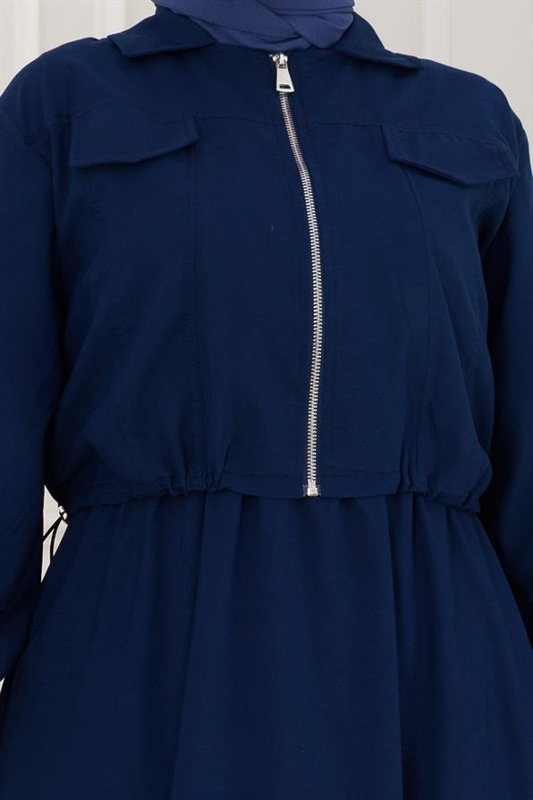 Fermuarlı Cepkenli Jile Elbise-Lacivert