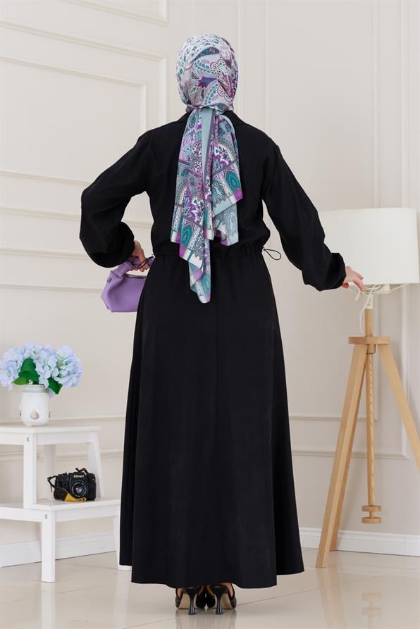 Fermuarlı Cepkenli Jile Elbise-Siyah