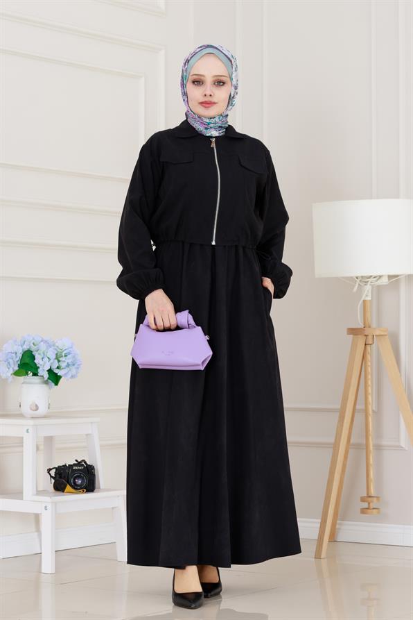Fermuarlı Cepkenli Jile Elbise-Siyah