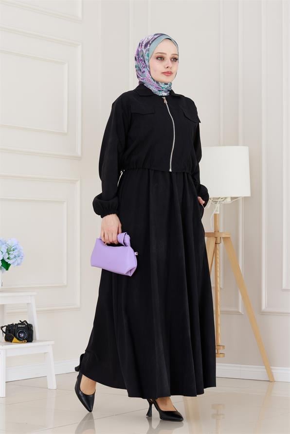 Fermuarlı Cepkenli Jile Elbise-Siyah