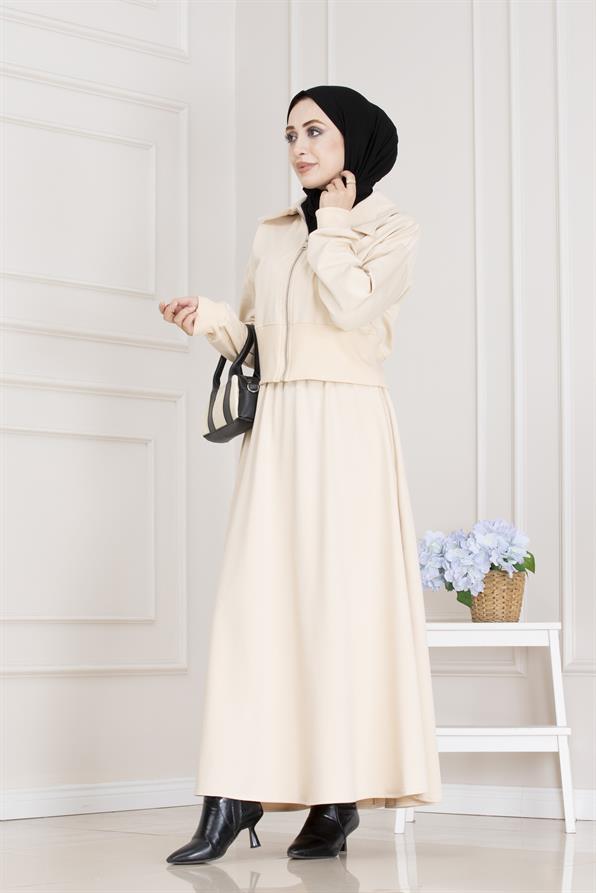 Fermuarlı Etekli Takım-Bej