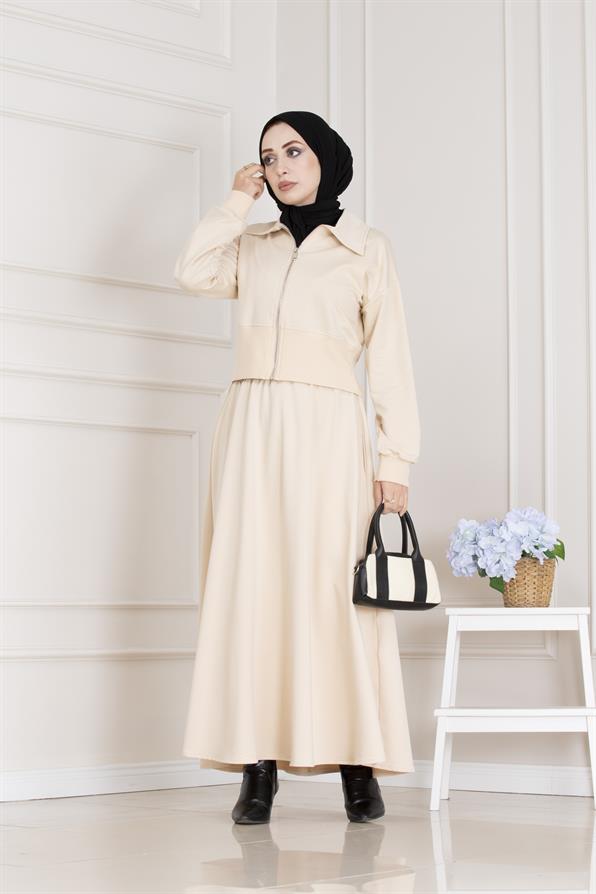 Fermuarlı Etekli Takım-Bej