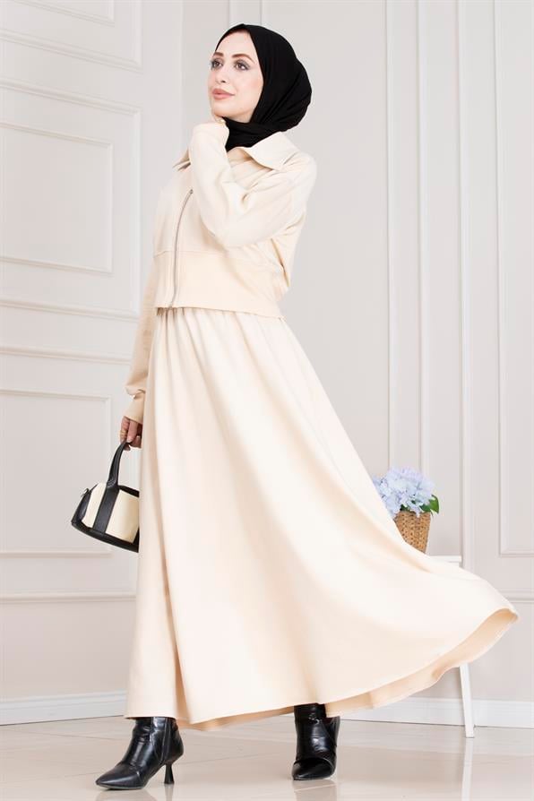 Fermuarlı Etekli Takım-Bej