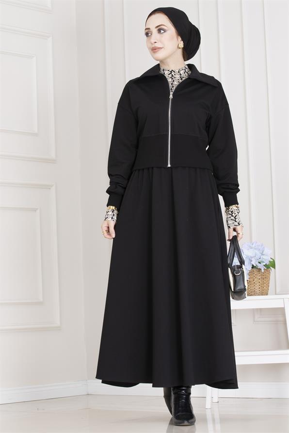 Fermuarlı Etekli Takım-Siyah