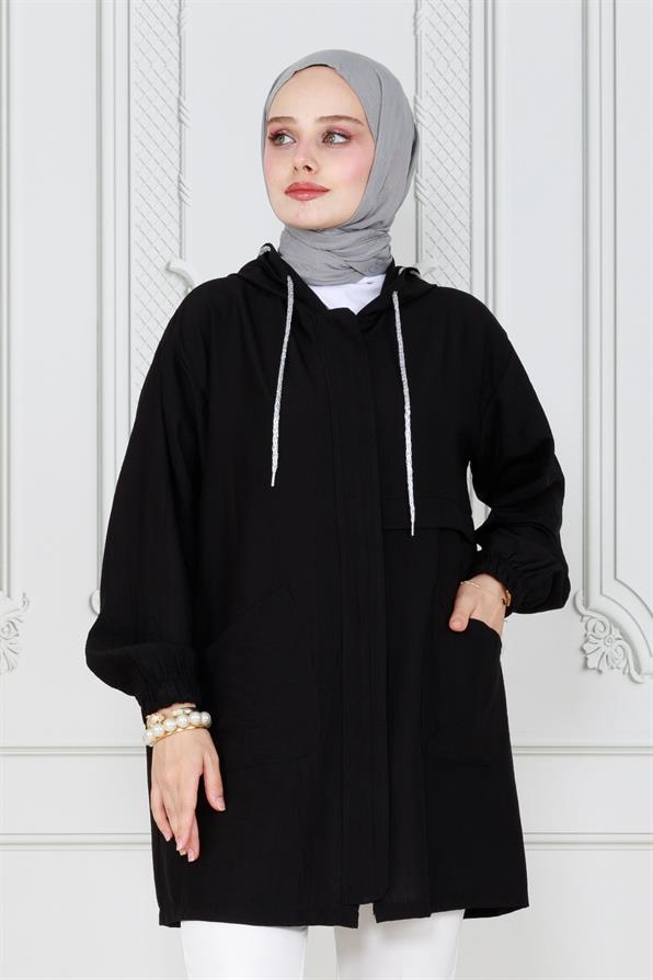 Fermuarlı kapüşonlu Kap-Siyah