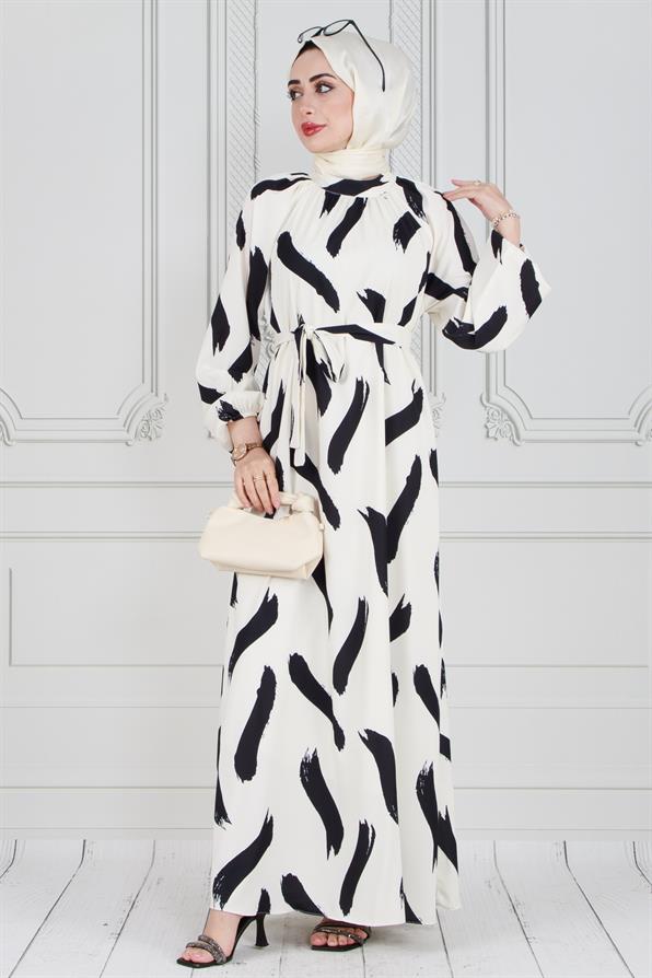 فستان محجبات بحزام- بنمط فرشاة-لون بيج