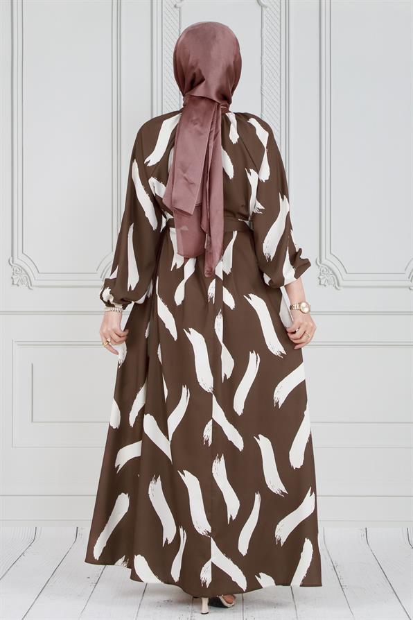Brush Pattern Satin Hijab Dress-Brown color 