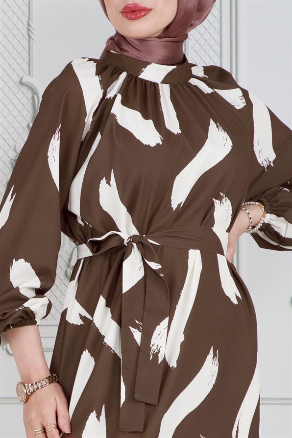 Brush Pattern Satin Hijab Dress-Brown color 