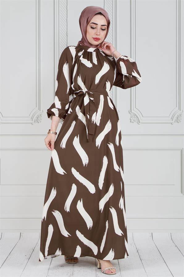 Brush Pattern Satin Hijab Dress-Brown color 