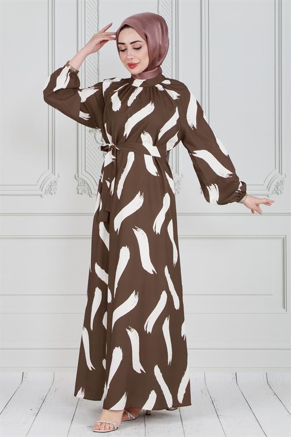 Brush Pattern Satin Hijab Dress-Brown color 