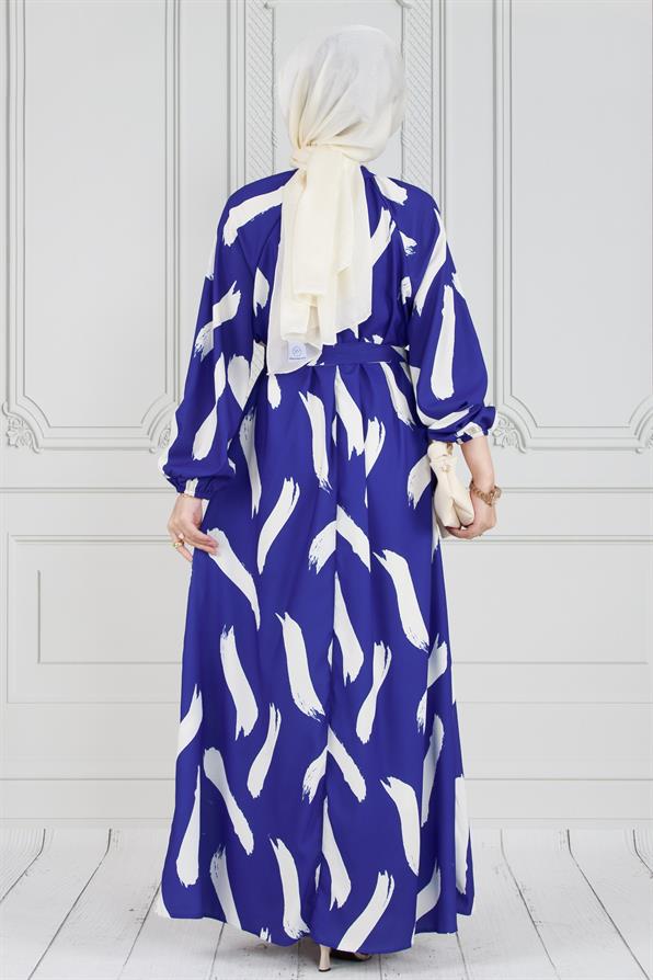 فستان محجبات بحزام- بنمط فرشاة- لون أزرق