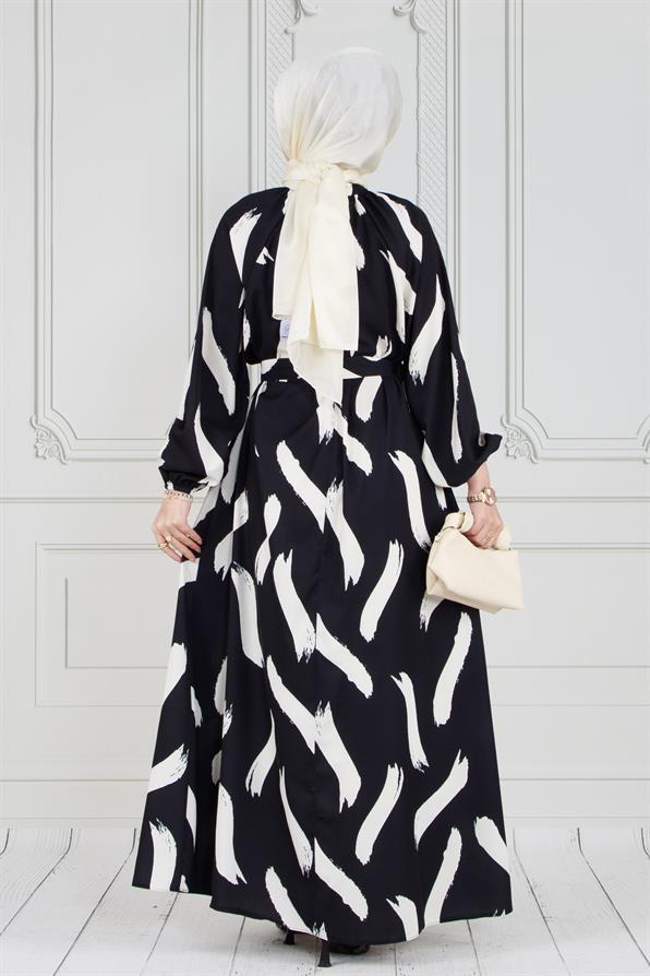 فستان محجبات بحزام- بنمط فرشاة- لون أسود