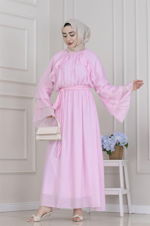 Fırfır Detaylı Lora Elbise-Pembe