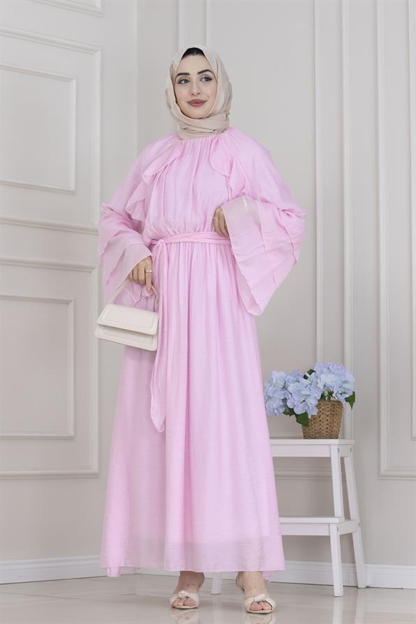 Fırfır Detaylı Lora Elbise-Pembe