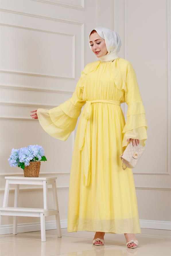 Fırfır Detaylı Lora Elbise-Sarı
