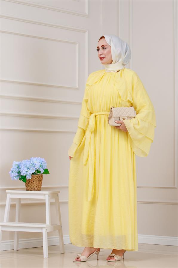 Fırfır Detaylı Lora Elbise-Sarı