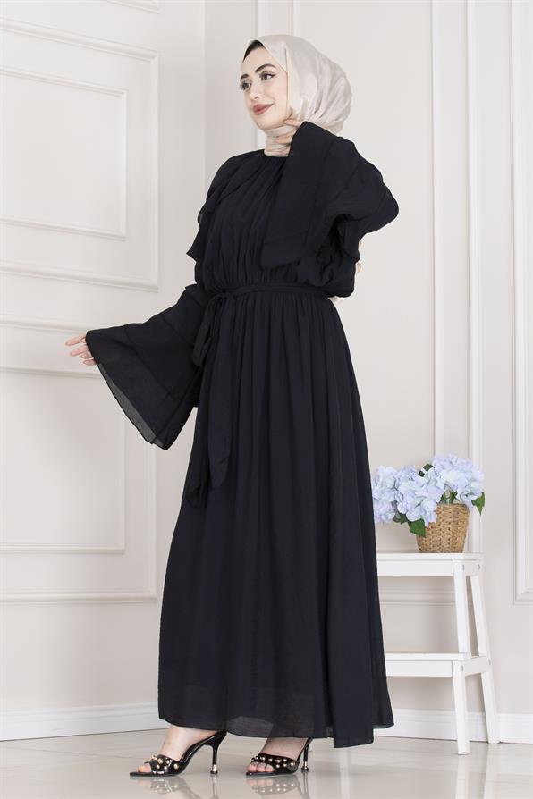 Fırfır Detaylı Lora Elbise-Siyah