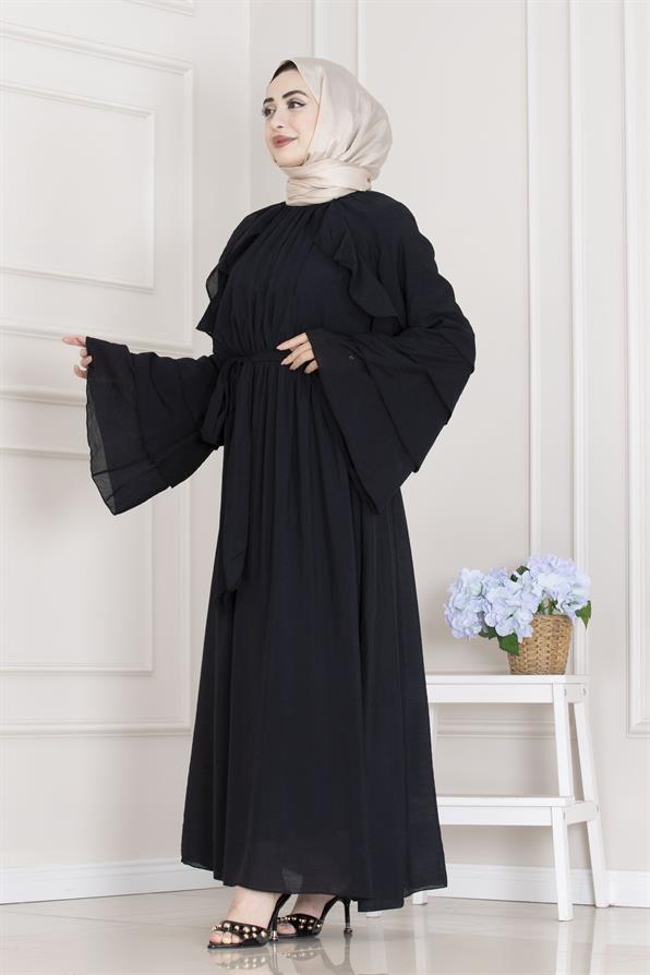 Fırfır Detaylı Lora Elbise-Siyah
