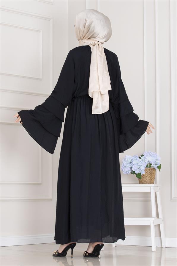 Fırfır Detaylı Lora Elbise-Siyah