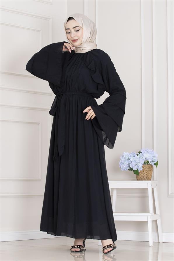 Fırfır Detaylı Lora Elbise-Siyah