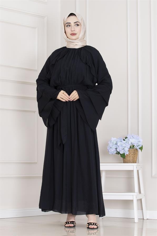 Fırfır Detaylı Lora Elbise-Siyah