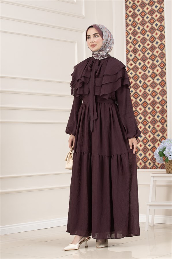 Fırfır Detaylı Roza Tesettür Elbise-MÜRDÜM