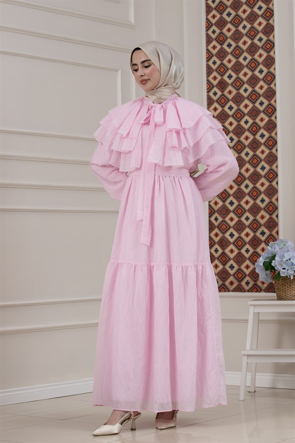 Fırfır Detaylı Roza Tesettür Elbise-PEMBE