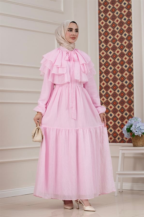 Fırfır Detaylı Roza Tesettür Elbise-PEMBE