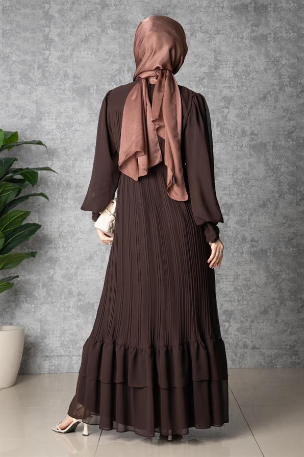 Frilly Pleated Dress - Brown color 