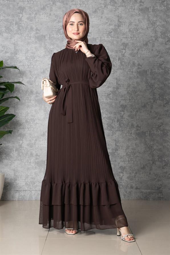 Frilly Pleated Dress - Brown color 