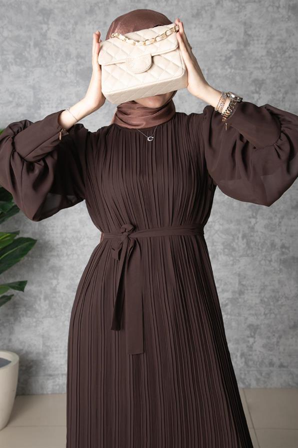 Frilly Pleated Dress - Brown color 