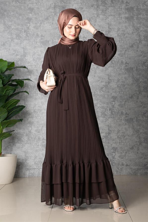 Frilly Pleated Dress - Brown color 