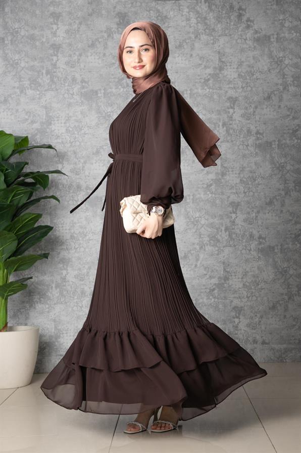 Frilly Pleated Dress - Brown color 
