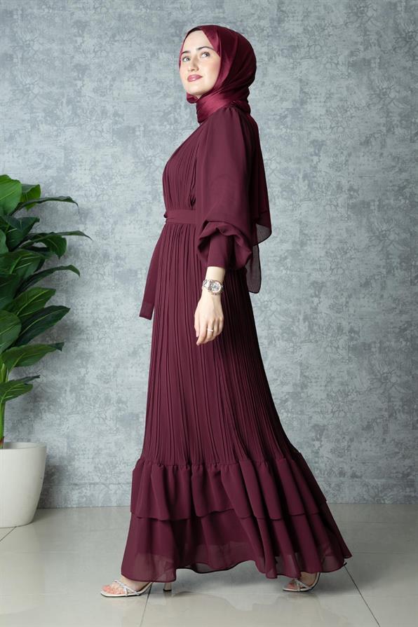 Frilly Pleated Dress - Burgundy
