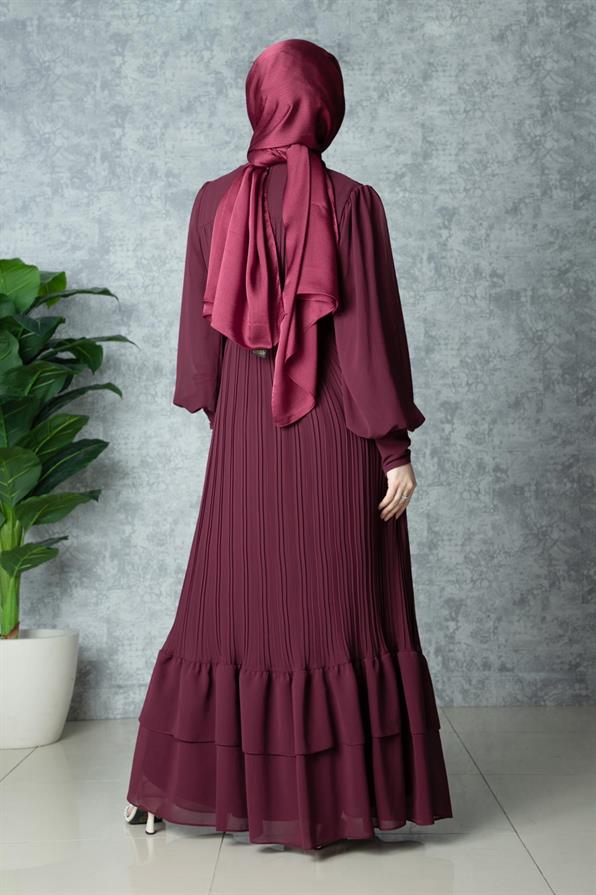 Frilly Pleated Dress - Burgundy