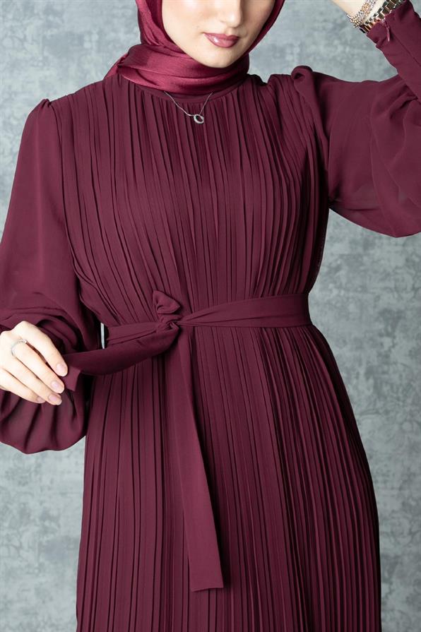 Frilly Pleated Dress - Burgundy