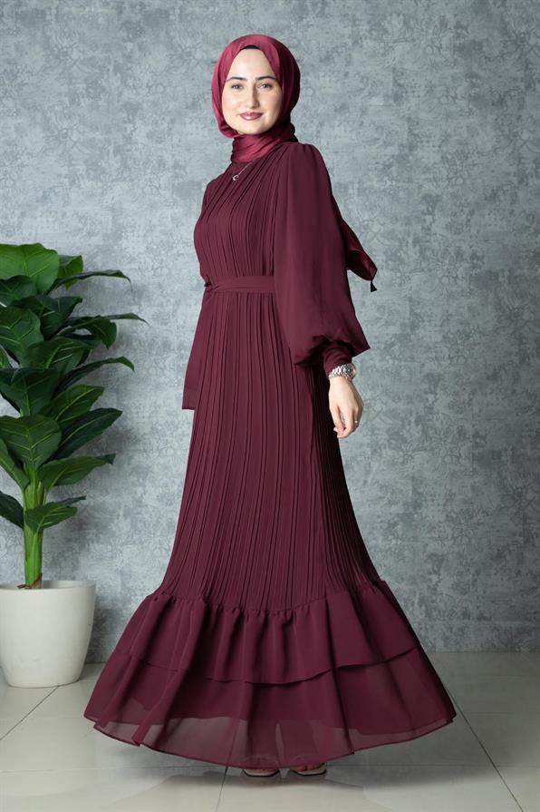 Frilly Pleated Dress - Burgundy