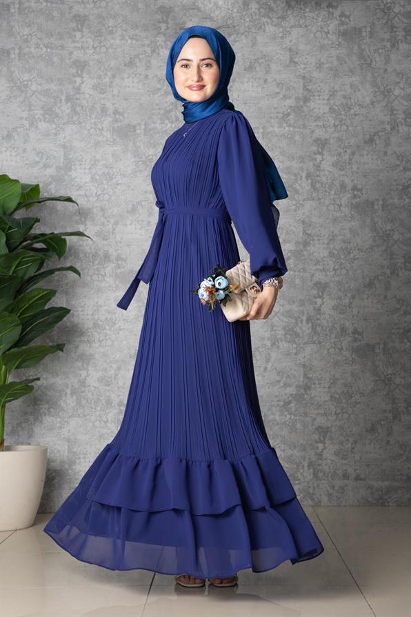 Frilly Pleated Dress - Sax Blue