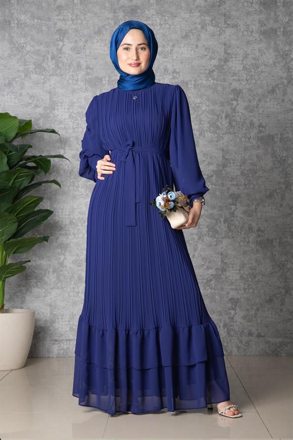 Frilly Pleated Dress - Sax Blue