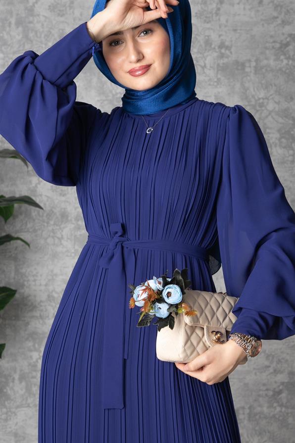 Frilly Pleated Dress - Sax Blue
