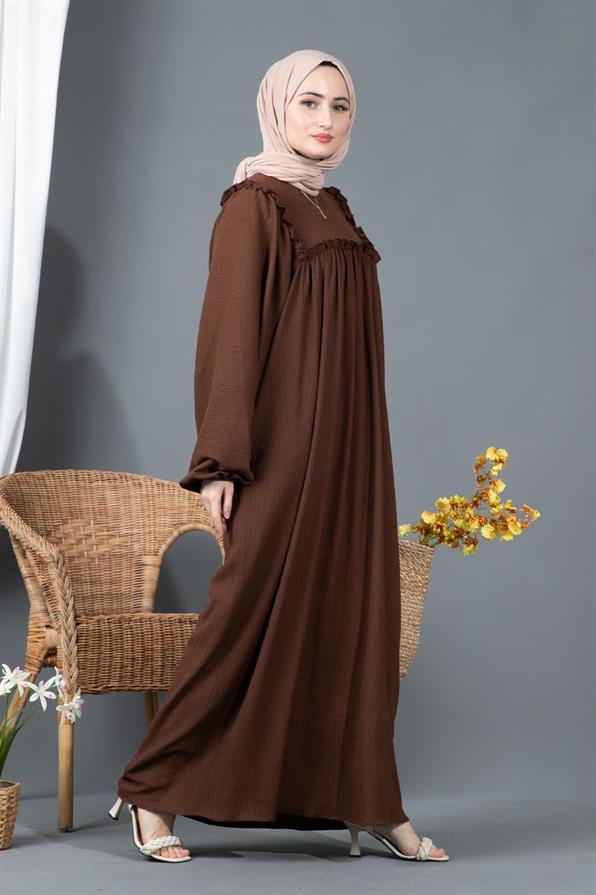 Fırfırlı robalı Bürümcük elbise-Kahverengi