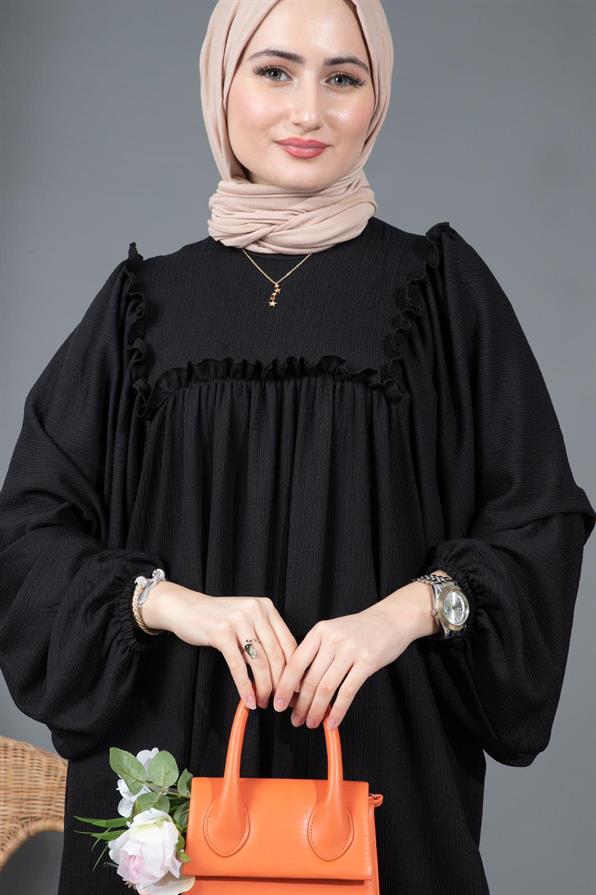 Fırfırlı robalı Bürümcük elbise-Siyah