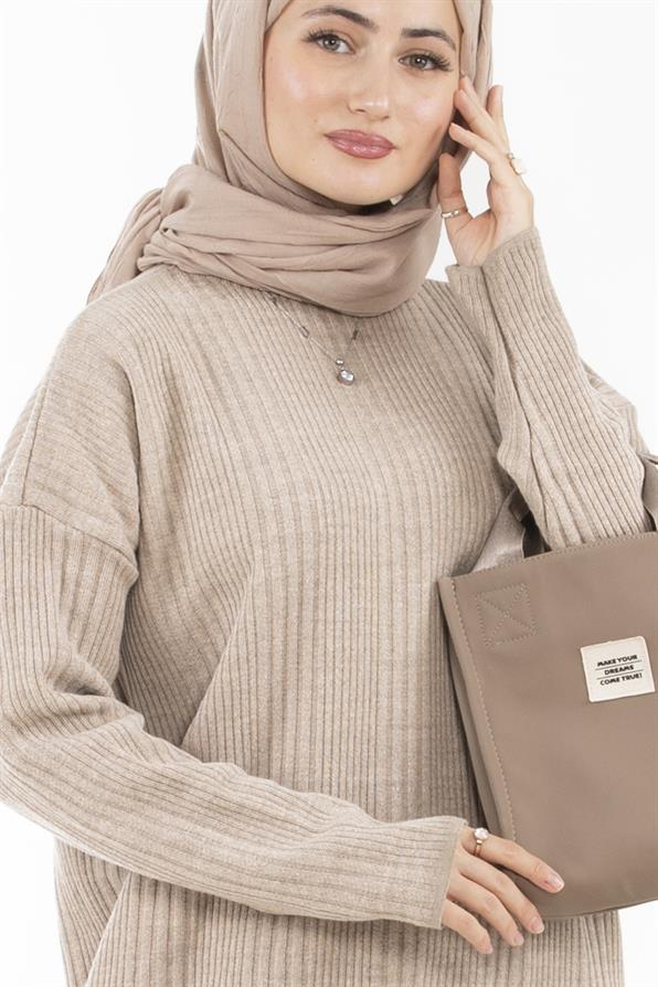 فستان صوف تريكو مضلع-اللون البيج