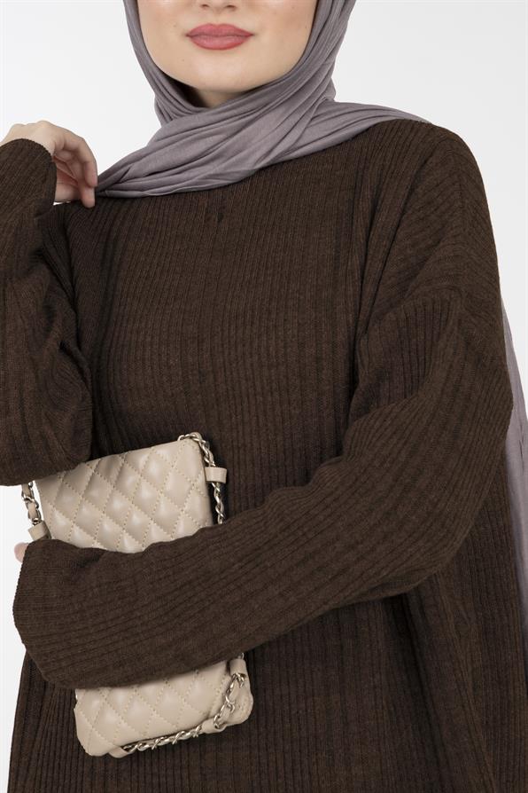 فستان تريكو بألياف-اللون  البني