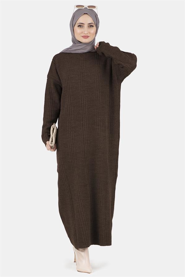 فستان تريكو بألياف-اللون  البني