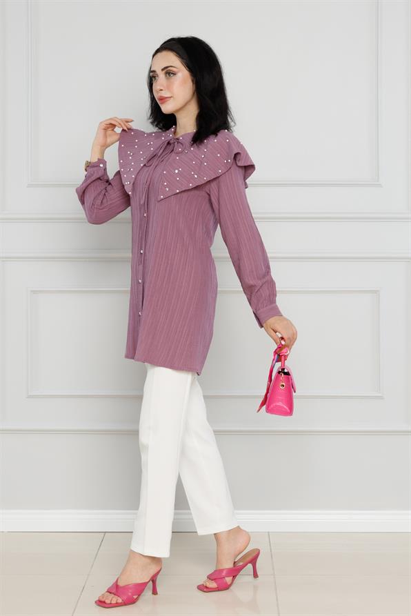 سترة واسعة مرصعة باللؤلؤ - لون وردي